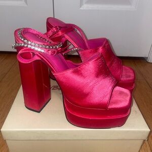 Lilibet Pink Satin Diamante Lace Up Strapping Toe Platform Heels Sz 10